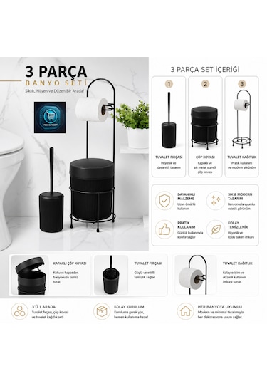 Premium Lüks 3 Lü Banyo Aksesuar Seti Modern Tasarım Siyah