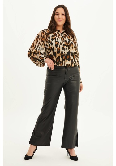 Suni Deri Yanı Yırtmaçlı Pantolon-1650 Siyah