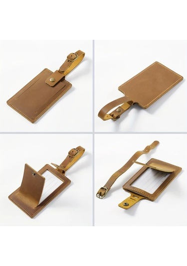 Fochsia Siyah Deri Bagaj Etiketi Kart Askısı - Gerçek Deri Kayıp Önleme Bilgi Kartı Taşıyıcı Çantası Vintage Taşınabilir