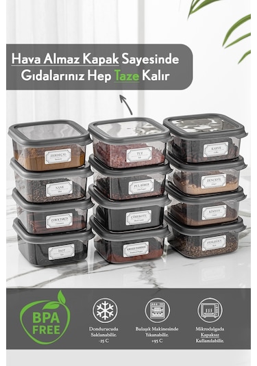 Meleni Home 12'li Kapaklı Kare Erzak Saklama Kabı Seti Baharatlık Seti Etiketli 12x 300 Ml Antrasit