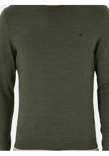 Cacharel Haki Slim Fit Yün Karışımlı Bisiklet Yaka Basic Triko Kazak Yesıl