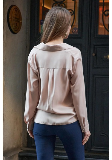 Yakalı Önü Pileli Uzun Kol Likrasız Şık Kumaş Gömlek-Kum Beji Kum Beji