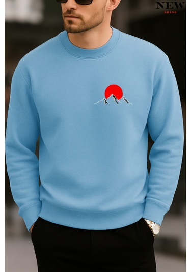 Kırmızı Dağ Baskılı Bisiklet Yaka Sweatshirt Bebe Mavisi