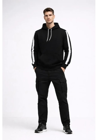 Defymoda Erkek Şeritli Kapüşonlu Sweatshirt Oversize 3 Iplik Pamuklu - Siyah Siyah
