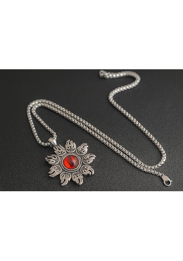 Kırmızı Cam Taşlı Paslanmaz Çelik Alev Desenli Güneş Kolye Kırmızı