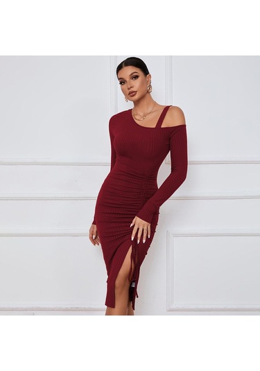 Hnxc Kadın Moda Yaz Bahar Düz Renk Baskı Uzun Kollu Yüksek Bel Günlük Elbiseler Bordo