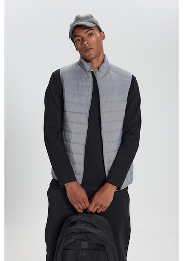 AC&Co / Altınyıldız Classics Erkek Rüzgar Geçirmez Taşınabilir Çantalı Sıcak Tutan Elyaf Dolgulu Ultra Hafif Standart Fit Şişme Yelek Gri