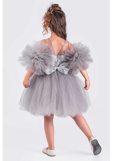 Kız Çocuk Abiye Elbise Ponpon Kol Pul Payetli Tütülü Gri