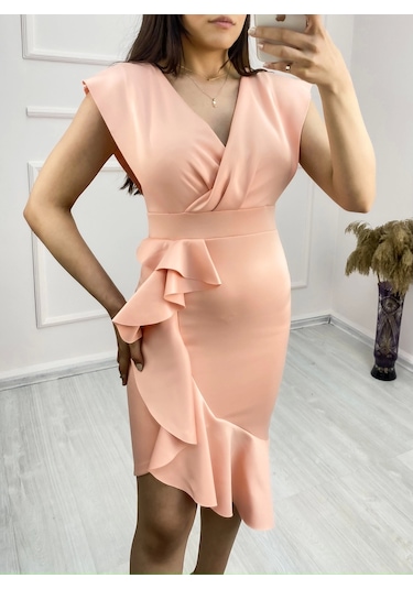 Defymoda Scuba Kumaş Önü Fırfırlı Midi Boy Elbise Somon