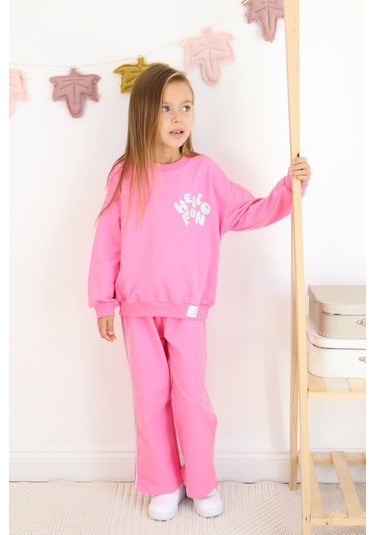Kız Çocuk Hello Fun Baskılı İspanyol Paça İki İplik Eşofman Takımı Koyu Pembe