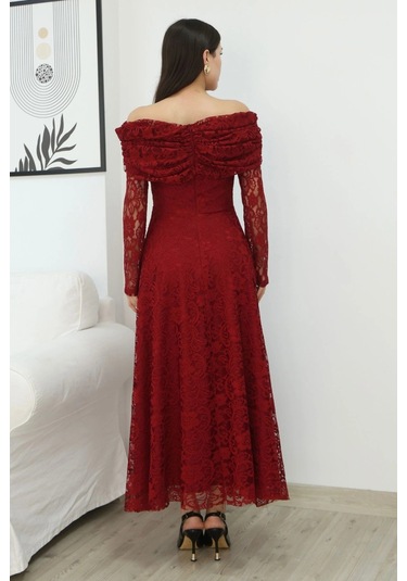 Aşkın Büyüsü Dantel Abiye Elbise 6055-bordo Bordo