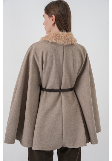 Kadın Kemerli Kaşe Panço 9165 - Taş Taş