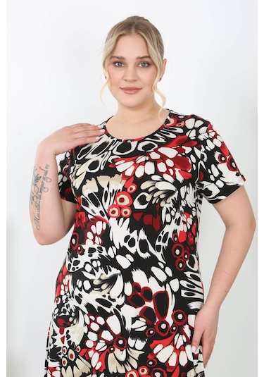 Kadın Kırmızı Bej Kanat Desen Midi Elbise Kırmızı