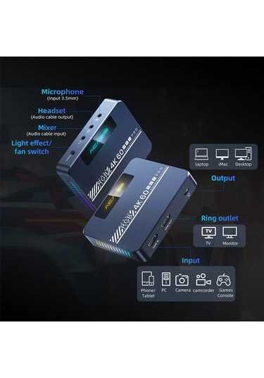 Acasis 4K 60Hz HDR RGB Kayıt Cihazı 4K 60Hz Pass-Through HDR 240Hz ve VRR Desteği, Sessiz Soğutma Fanı (VC007PRO)