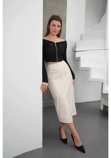 Yırtmaçlı Uzun Deri Etek Krem Krem