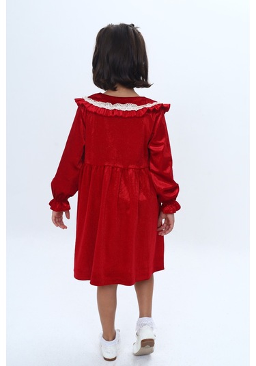 Toontoy Kız Çocuk Yaka Detaylı Fırfırlı Elbise Kırmızı
