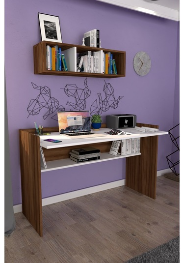 Sera Çalışma Masası Duvar Raflı Beyaz Ceviz Ceviz  -  Beyaz