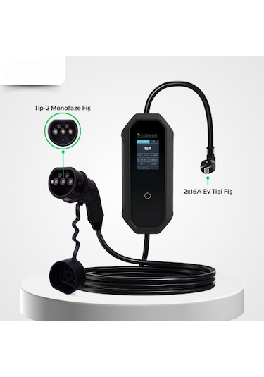 Coswatt Elektrikli Araç Şarj Cihazı 3.5 Kw / 16a / Türkçe Menü / 10 Metre Kablolu / Tip-2 / Ev Tipi Schuko Fiş / 220v Ac / Taşıma Çantası Hediyeli 3.5 Kw