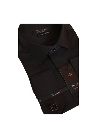 Siyah Ekstra Dar Kesim Likralı Esnek Micro Kumaş Kol Düğmeli Slim Fit Erkek Gömlek - 195-6 001