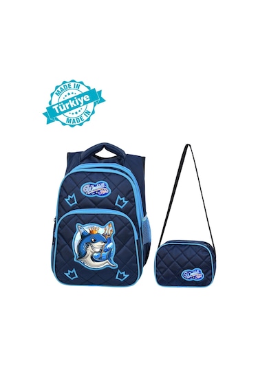 Waddell Lisanslı Lacivert Köpekbalığı Desenli Emboos İlköğretim Okul Sırt Çantası Ve Beslenme Çantası