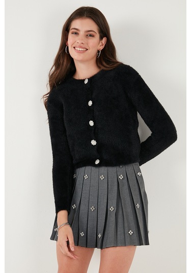 Lela Fitted Fit Bisiklet Yaka Yumuşak Dokulu Crop Bayan Hırka 4615559 Siyah