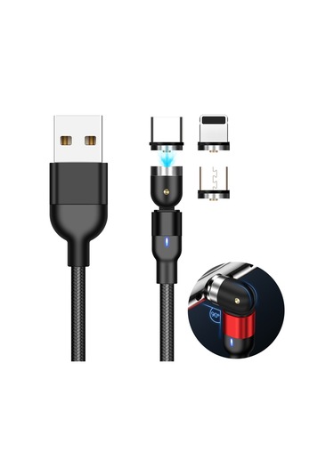 2m 2a Çıkış 3'ü 1 Arada Usb - 8 Pin Usb-c / Type-c Mikro Usb Naylon Örgülü Döndürmeli Manyetik Şarj Kablosu Siyah