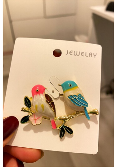 Lovebirds Kuşlar Broş 42x30 Mm Pembe Altın