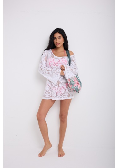 Kolları Volanlı Elbise Beyaz