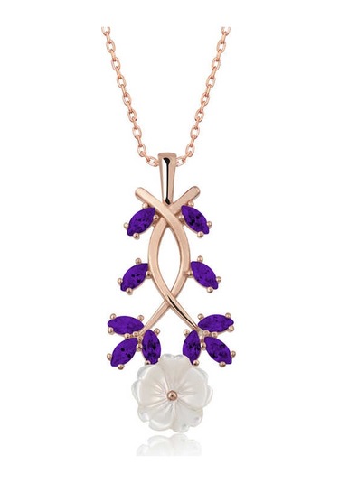 Gümüş Rose Mor Yapraklı Bahar Çiçeği Kolye