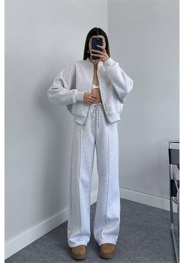 Neşeli Butik Kadın Penye 3 İplik Şardonlu Kumaş Eşofman Takımı Gts022 - Gri GRİ MELANJ