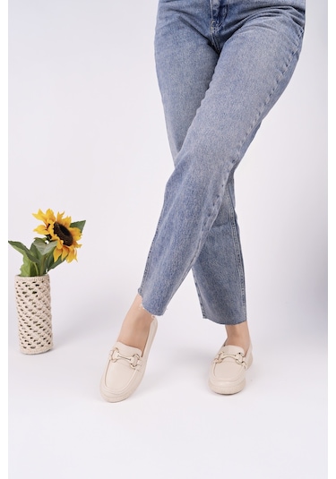 Muggo Polara Kalın Taban Toka Detaylı Kadın Günlük Loafer Ayakkabı Ten Cilt