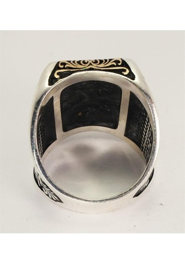 Vog Edep Ya Hu Yazılı Yeşil Mineli 925 Ayar Gümüş Erkek Yüzük