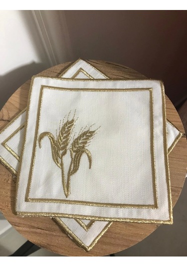 Nivemeshome Başak Nakışlı Gold Kare 6 Adet Keten Kokteyl Peçetesi Kahve Yanı Sunumluk Çok Renkli