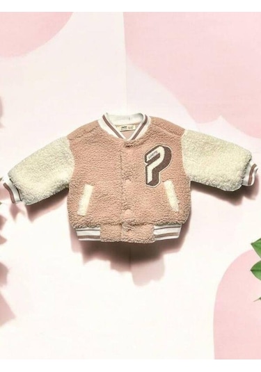 Kız Bebek Nakışlı Peluş Mont-14880 Pudra