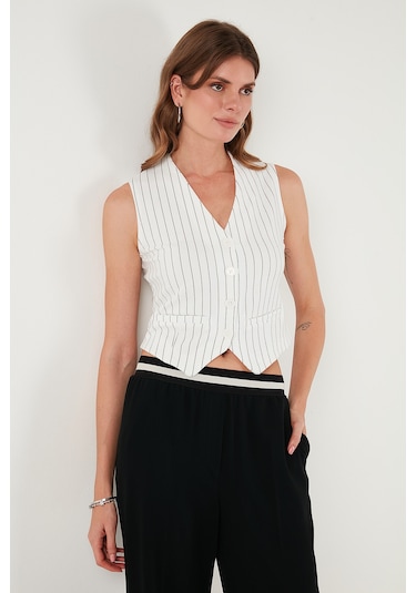 Lela Streç Fitted Fit V Yaka Düğmeli Bayan Yelek 5865971 Beyaz-Siyah