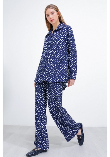 Kadın Puantiyeli Lacivert Ekru Örme İkili Takım 5858 5858bgd19-117-14773 001