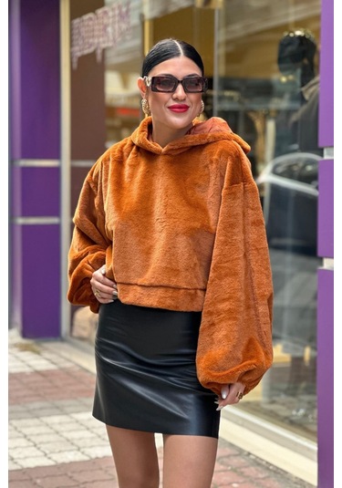 Kadın Crop Boy Yumuşacık Balon Uzun Kol Kapüşonlu Şık Kısa Sweatshirt Turuncu