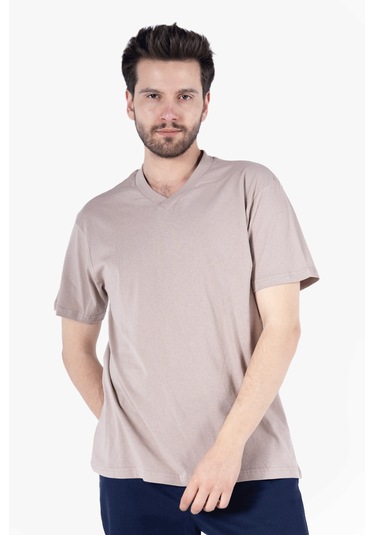 T-shirt V Yaka %100 Pamuk Camel
