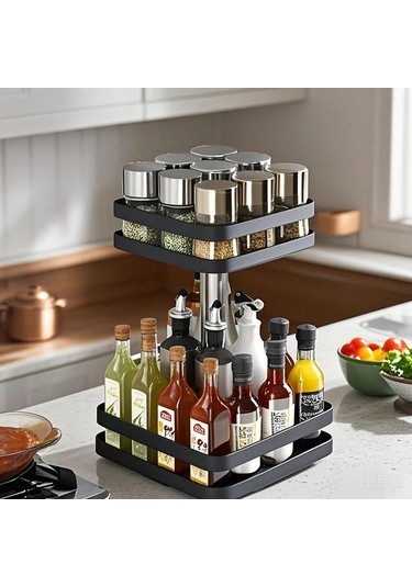 Honeybeeshop Wongırl Kare Üç Katmanlı 360 Derece Dönebilen Paslanmaz Çelik Mutfak Organizatörü Baharat Rafı 1100 Koyu Ceviz