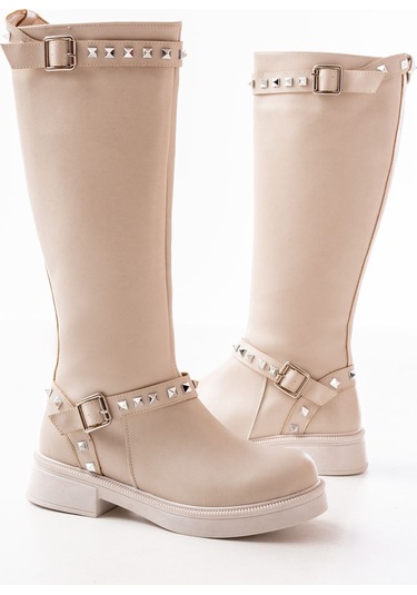 02-307 Bej Düz Topuklu Günlük Bayan Binici Çizme Resimdeki Renk