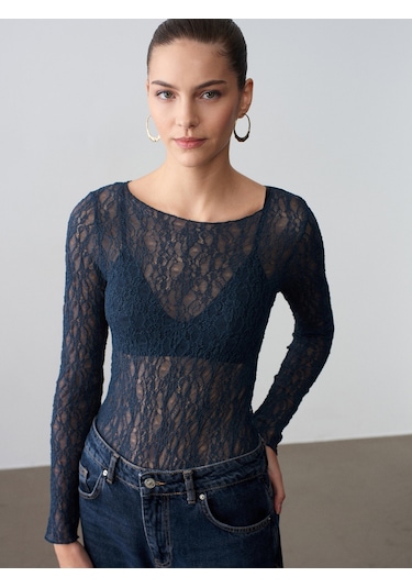 Dilvin 32764 Kayık Yaka Dantel Top-indigo İndigo