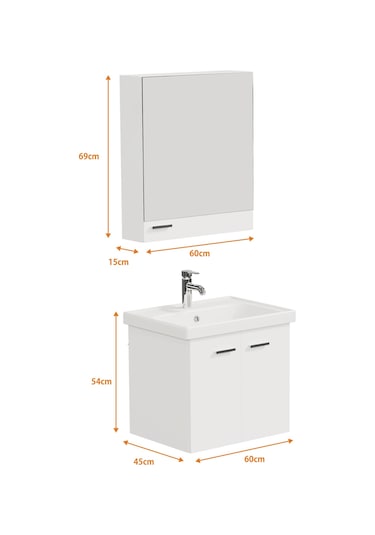 Aqua Bagno Basic Alt Dolap + Üst Dolap -lavabo Dahil-beyaz ,60 Cm. 3 Parça Beyaz