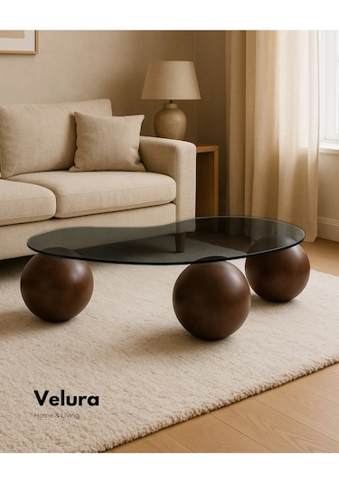 Modern Orta Sehpa & Top Sehpa Cam Sehpa & Küre Orta Sehpa - Koyu Ceviz Top - Fasulye - Füme Cam Ceviz