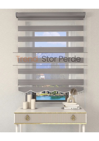 Geniş Plise Gri Boncuklu Zebra Stor Güneşlik Perde Opak Gri