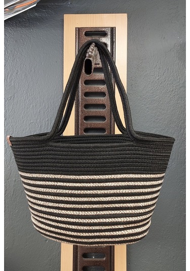 Doğal Hasır Jüt El Örmesi Bayan Çanta-bej Siyah Şerit Bej - Siyah
