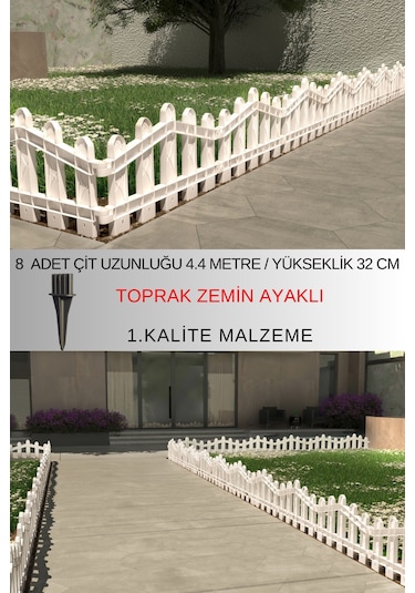 Dekoratif Plastik Bahçe Ve Peyzaj Çiti 8 Adet Çit Y: 32 Cm / G: 4.4 M Toprak Ayaklı - Beyaz