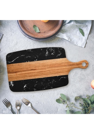 Suntek Kesme Tahtası Ahşap Mermer Barbekü Servis Çok Amaçlı Siyah