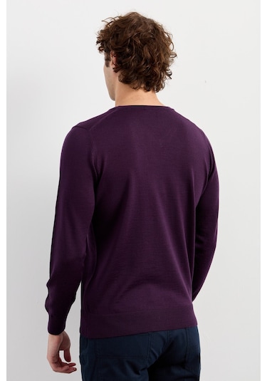 Erkek Basic V Yaka İnce Triko Kazak Mor Mor
