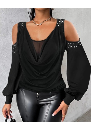 Kadın Yuvarlak Degaje Yaka Omuz Detay Taşlı Uzun Kollu Sandy Bluz Siyah
