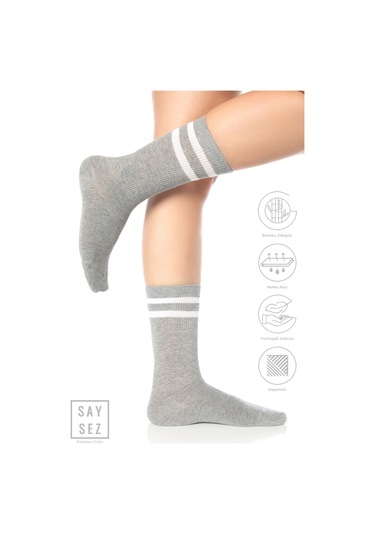 Bambu Unisex Tenis Kolej Çizgili Gri Melanj Premium Dikişsiz Soket Çorap Gri